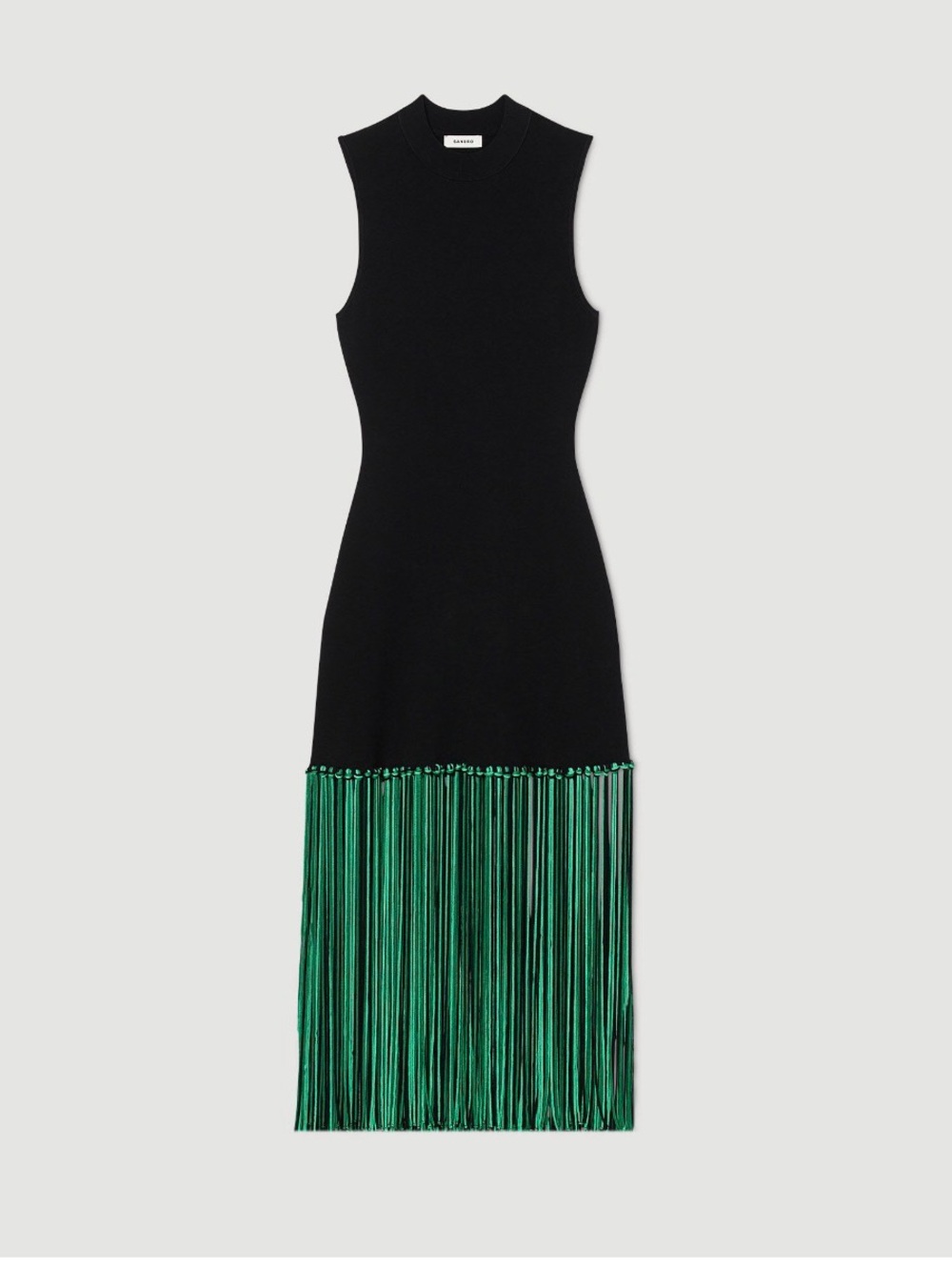 Sandro Bambie Black & Green Fringe Hem Knit Dress - Picture 3 of 10